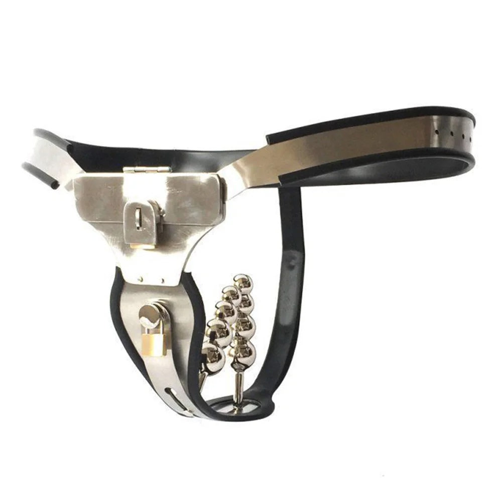 Unleash ultimate submission with this double penetration chastity belt. Crafted from flexible steel wire for comfort, its optional anal and vaginal plugs offer unparalleled sex control. Experience anal restraint, vaginal security, and thwart any penetration with this versatile device, seamlessly integrated into your daily life.