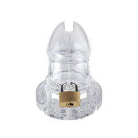 Feel the unbreakable security of this lightweight transparent plastic cage, solving problems of discomfort. With customizable ring sizes, it's a medical-grade tool preventing harmful irritations, ensuring you're secure without thoughts of removal. Perfect for teasing with a flat cock cage design.