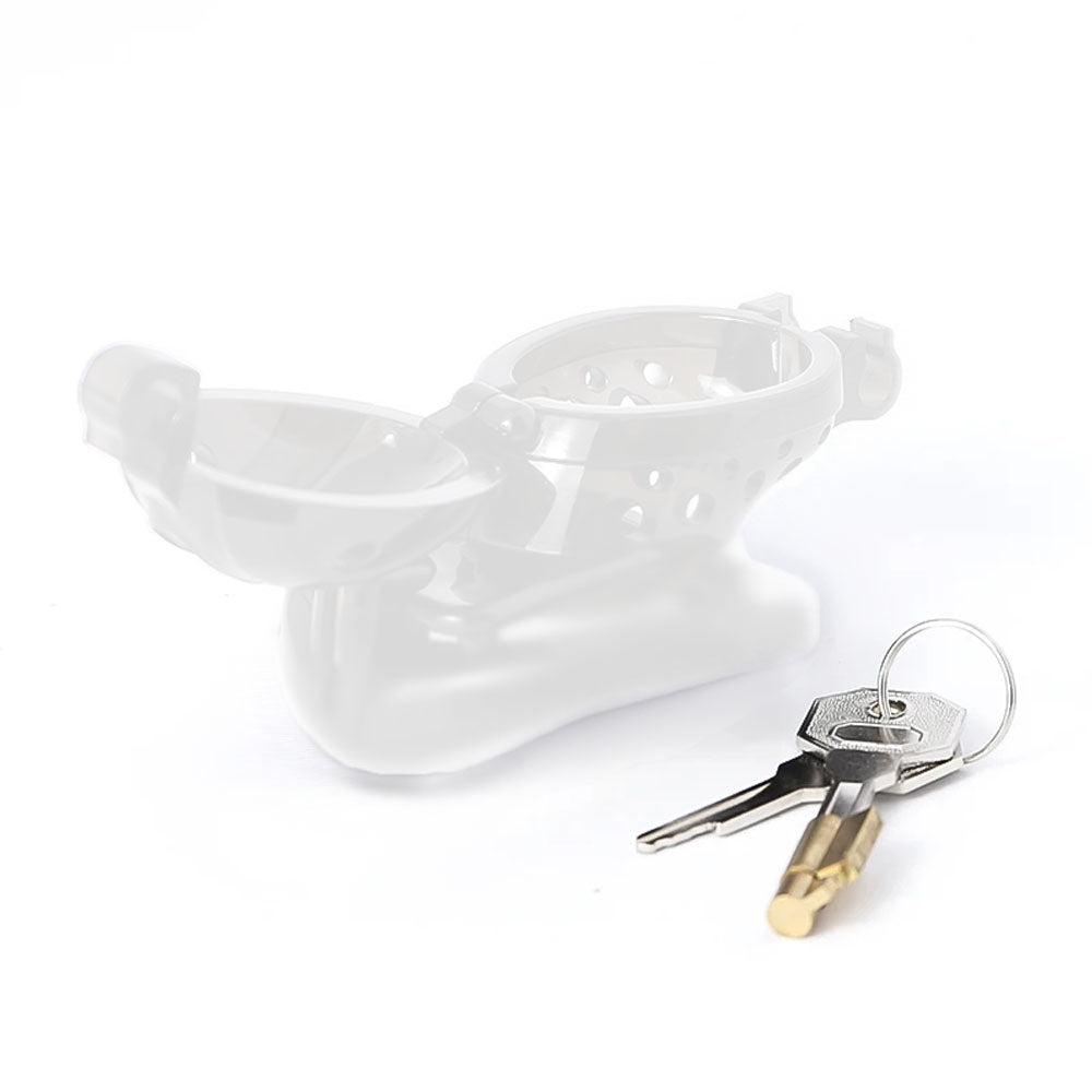 Experience ultimate control with the Lock, Stock, and cage confinement kit. This innovative design combines the security of straps and the comfort of elastic for a snug fit. Crafted from transparent plastic with a leather-like finish, it resembles a jockstrap but ensures your sub won't slip out. Lock him in and make sure his naughty times are over!