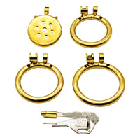 Experience ultimate control with the Golden Flat Gatling Cock cage a sleek metal device that flattens your cock, perfect for sissy play. Inspired by a rattlesnake's design, it features an optional dilator for enhanced sensation, ensuring no chance of escape.