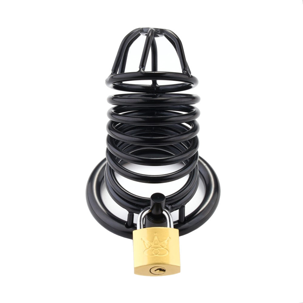 Check out this pic of our black, metal cage its attachment is simple and secure. The photo highlights its pros: comfort, airflow, and adjustable cock rings. The cons? None we could find!, it's the perfect solution for restraint without compromise.