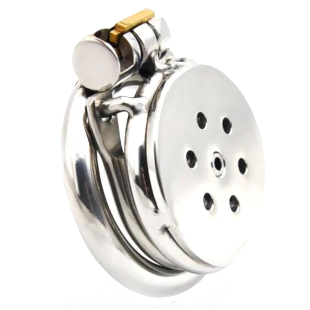 Embrace your submissive journey with the Flat Gatling stainless steel chastity device, featuring inversion for a flat silhouette. Ideal for small male anatomy, its gatling holes provide discreet ventilation, blending seamlessly under clothes. Perfect for feminization, dom-sub dynamics, and long-term wear, it keeps your urges in check while enhancing your femininity.