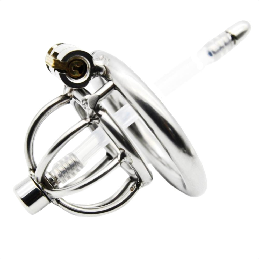 Stainless steel design ensures your desires are securely held while the urethral tube offers a thrilling filling sensation. Enjoy seamless control with a reliable screw mechanism, keeping everything in place. With customizable chastity rings that fit snugly, you'll be swollen with anticipation for your keyholder's control, enhancing the intimate dynamics. Experience the exhilarating sliding sensation only this combo can provide.