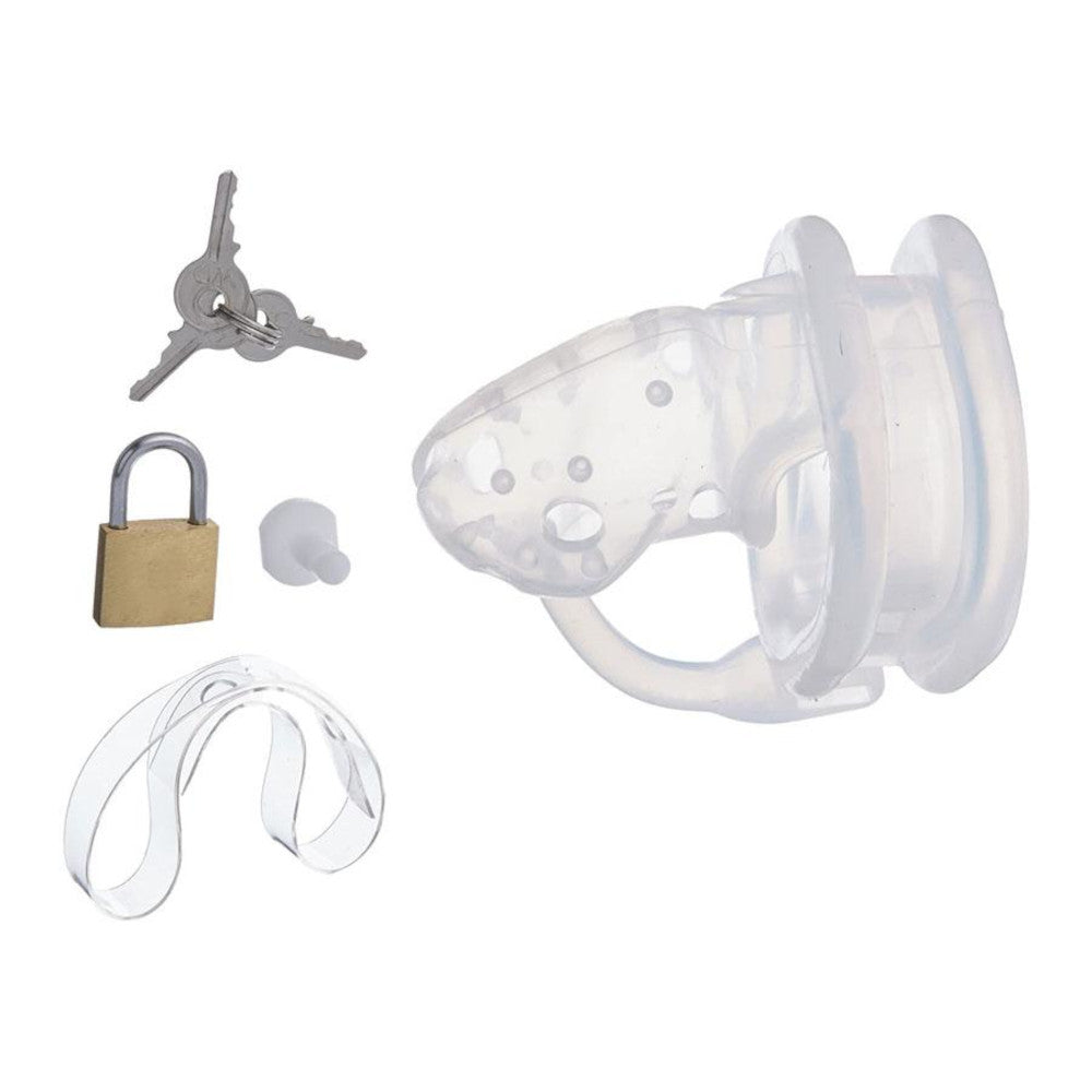 The Pathetic Holy Trainer is a silicone device designed to train your cock. With ventilation tubes and an opening for urinating, it offers comfort while keeping you securely closed. The vice-like fit and internal spikes add a thrilling challenge for those seeking advanced chaste play.