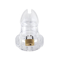 Max's mistress takes control to another level with this transparent plastic cage, a non-metal solution for their dynamic. With five rings, it's a perfect fit, even when in public. Laughs and devotion ensured.