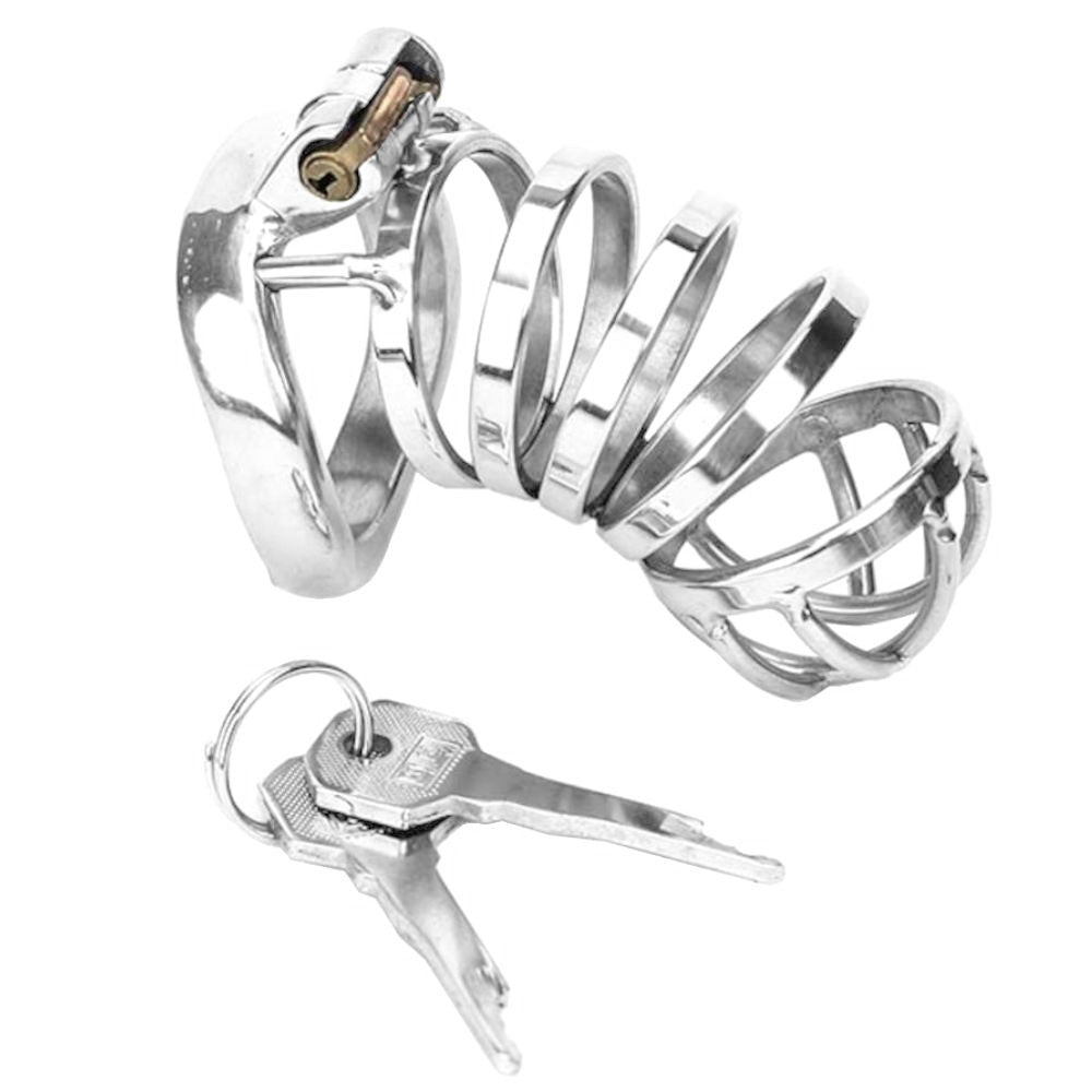 Embrace sissy chastity with our penis denial kit stainless steel device, built like an iron maiden. Open-wire design ensures comfort, multiple ring sizes for perfect fit, sleek print adds style.