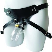 Maximize your kinky play with this Clear chastity belt. Transparent plastic lets you watch his swollen package. The harness with pegs ensures no escape. Wear over clothes or attach a dildo for added fun.