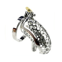 The Basilisk Metal cage, a unique Chastity long masterpiece, blends artistry with unbreakable durability. Its stable design features adjustable rings for a custom fit, embodying strength and control.