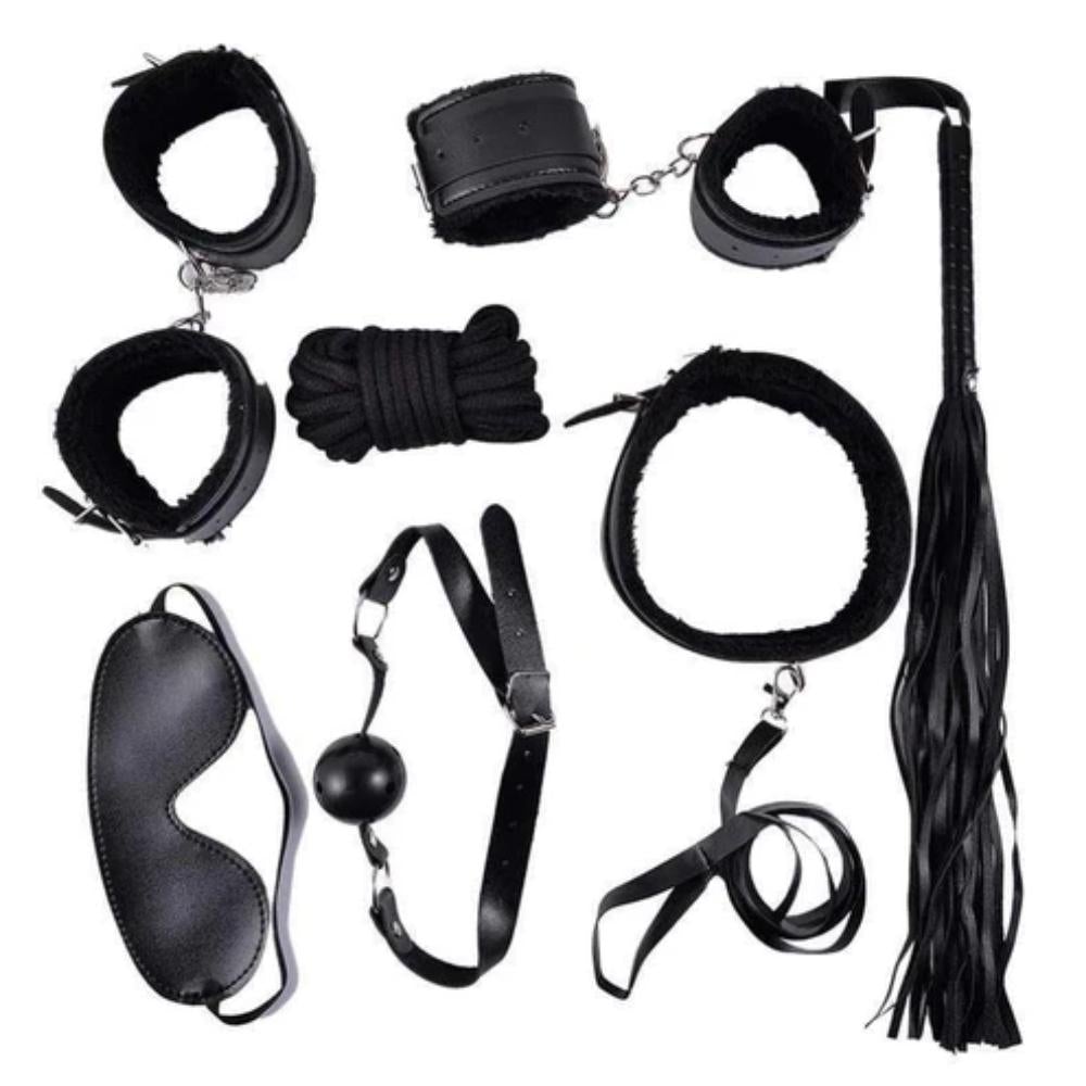 Get tied up in passion with our Playful Mistress 7-Piece Bondage Set. Ignite the tinder of desire, blindfold your lover with the eye mask, quote their deepest fantasies, and weave a web of pleasure like a spider.
