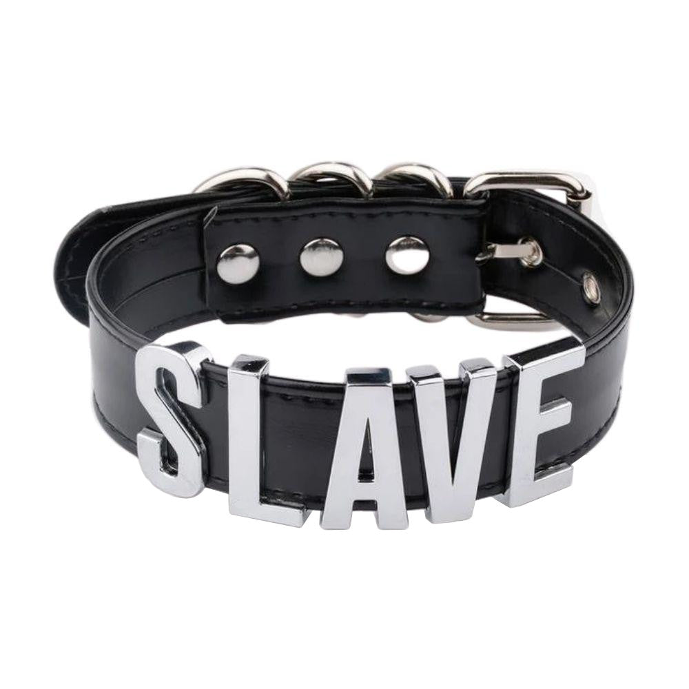 This handmade leather slave choker effortlessly blends elegance and dominance. The bold SLAVE logo, set against luxe leather, complements any attire, from yellow dresses to athletic wear, enhancing BDSM dynamics.