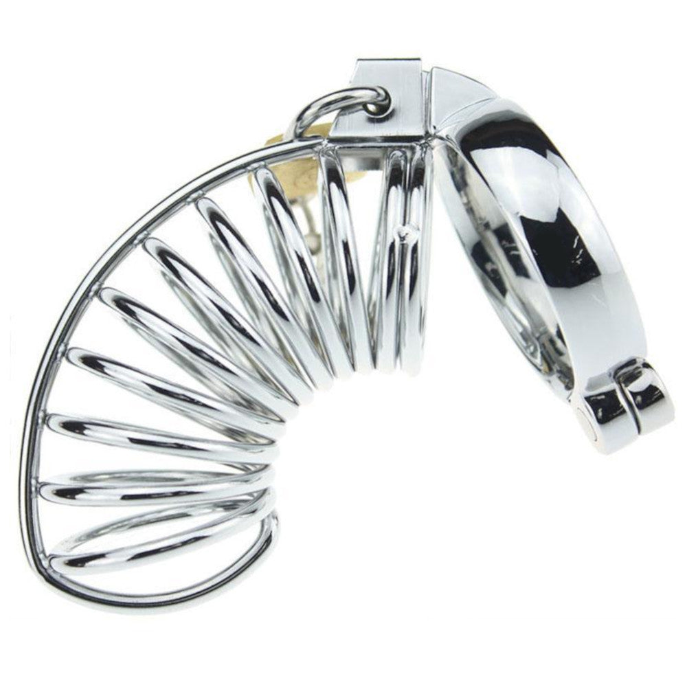 Upgrade your chastity with the Spiral of Despair cock cage steel device. Perfect for sissies male seeking deeper submission, this spiral design is comfortable when worn. Visit our website for more possible enhancements.